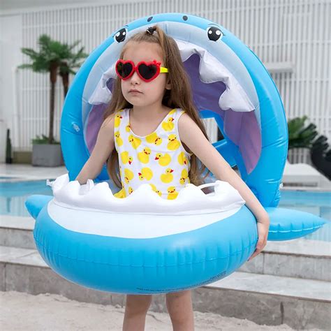 0 3 Years Old Baby Inflatable Shark Pool Float with Sunshade Flamingo Ride On Swimming Ring Safe ...