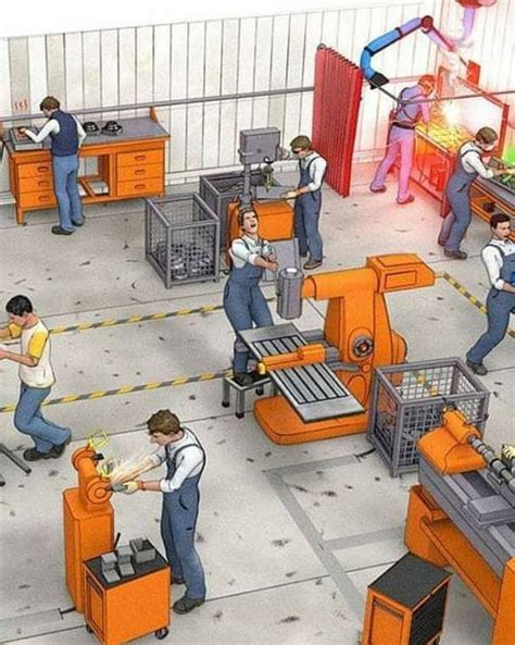 an assembly line with workers working on machines