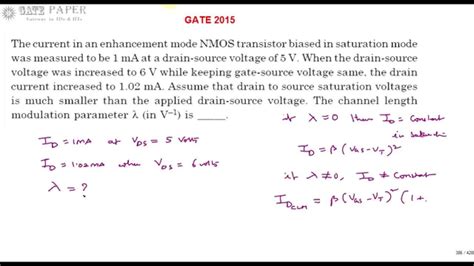 GATE 2015 ECE find the value of Channel Length Modulation of NMOS FET - YouTube