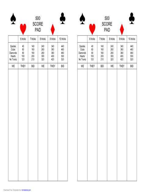 Printable 500 Card Game Score Sheet