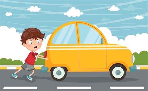 Premium Vector | Vector illustration of kid pushing car