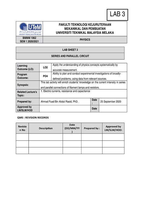 Lab 3 - Series AND Parallel Circuit - FAKULTI TEKNOLOGI KEJURUTERAAN ...