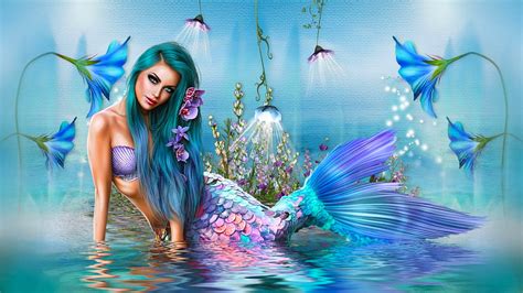 Blue Siren, blue, mermaid, digital, art, fantasy, girl, siren, woman HD ...