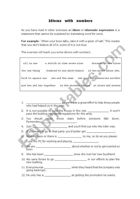 Idioms with numbers - ESL worksheet by dorydory