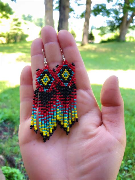 Native American Beaded Jewelry Set - Necklace and Earrings - Diamond Design - Handmade - Glass ...