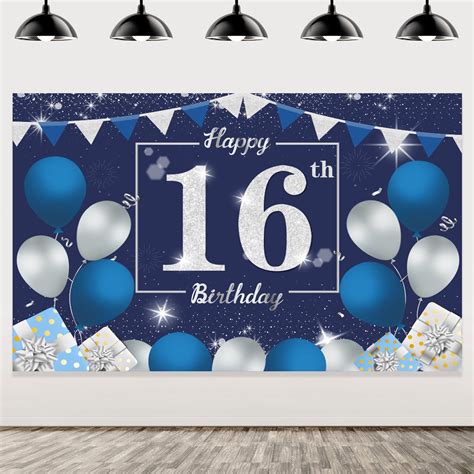 Blue Silver 16th Birthday Banner Decorations for Boy, Happy 16th ...