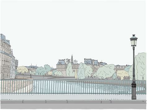 Paris Landscape Cityscape Drawing for a Background. Bridge Over the Seine River. Hand Drawn ...