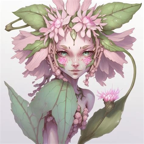 a woman with flowers on her head and green leaves around her body, holding a pink flower
