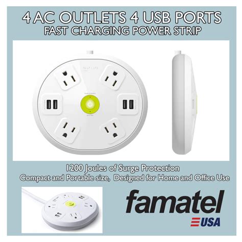 4 AC Outlets with 4 USB Ports Fast Charging Power Strip - Famatel USA