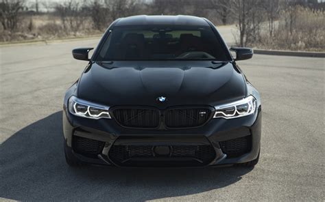 Download wallpapers BMW M5, 2018, F90, front view, LED lights, new black M5, tuning M5, German ...