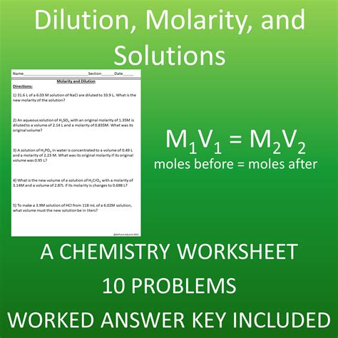 Dilution, Molarity, and Volume Calculations: A Chemistry Worksheet | Made By Teachers