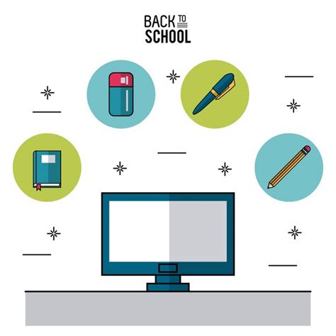 Premium Vector | Computer and icons in round frames of elements of school