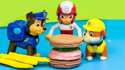 Paw Patrol uses Play Doh to make Pretend Burgers and Fries - YouTube