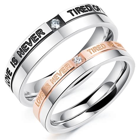 Romantic Lovers Stainless Steel Couples Wedding Rings Black & Rose Gold color With Cubic ...