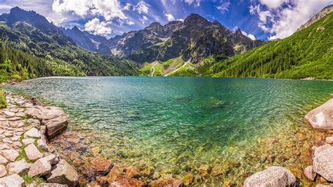 nature, landscape, mountains, water, rocks, trees, clouds, sky, lake ...