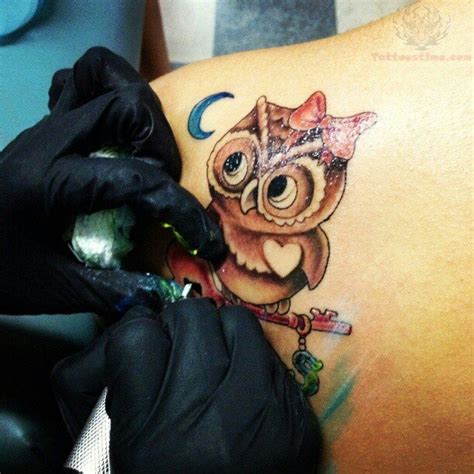 Blue Moon And Owl Tattoo On Back Shoulder