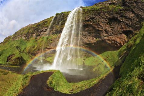 Download Grass Rainbow Iceland Waterfall Nature Seljalandsfoss 4k Ultra HD Wallpaper