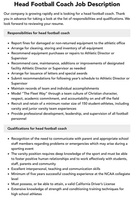 Head Football Coach Job Description | Velvet Jobs