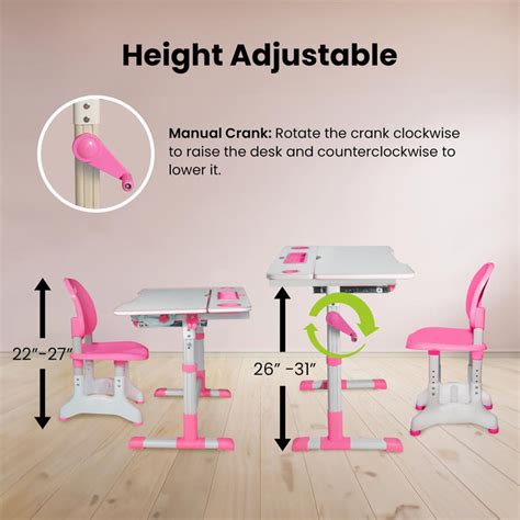 Height Adjustable Desk for Kids - Chair, Book Stand, Drawers, LED Lamp