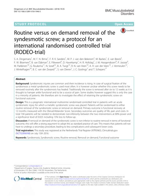 (PDF) Routine versus on demand removal of the syndesmotic screw; A protocol for an international ...