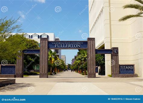 FULLERTON CALIFORNIA - 23 MAY 2020: Sign and Arch at Langsdorf Hall on ...