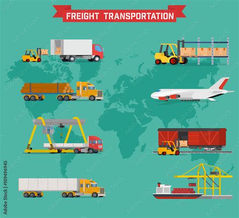 Cool vector volumetric set on worldwide shipping, heavy transport, delivery ways and logistics ...