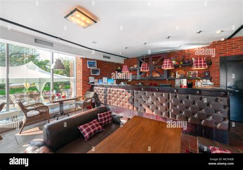 MOSCOW - AUGUST 2014: Interior of a luxury disco bar restaurant with a banquet hall and ...