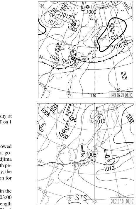 Surface weather charts at 09:00 JST on 29 June 1999 and on 1 July 2002. | Download Scientific ...