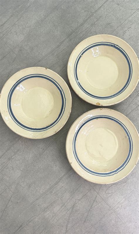 RIVESTO Set of x3 Antique Hand Painted Blue Rim Plates from Puglia