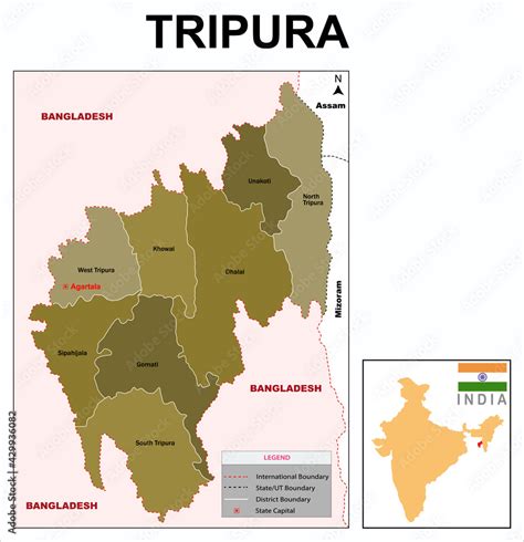 Tripura map. Showing State boundary and district boundary. Political map tripura. Stock ...