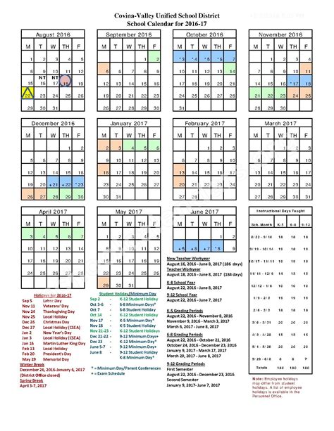 2016 - 2017 District Calendar | Covina-Valley Unified School District – Covina, CA