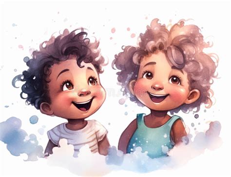 Watercolor Little Kids Standing in a Row, Cartoon Smiling Children in ...