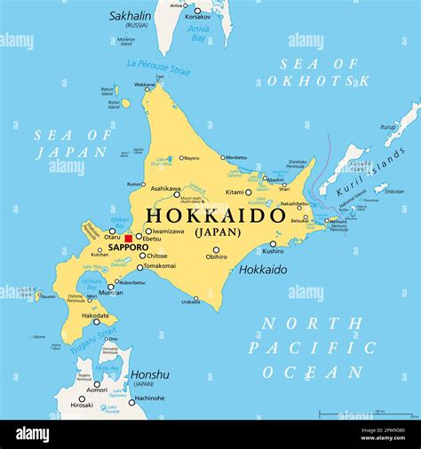 Hokkaido, second largest island of Japan, political map Stock Vector ...