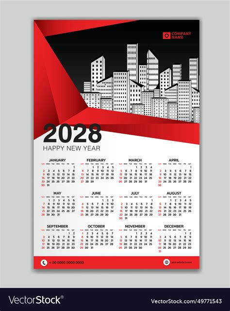 Wall calendar 2028 year red polygon template Vector Image