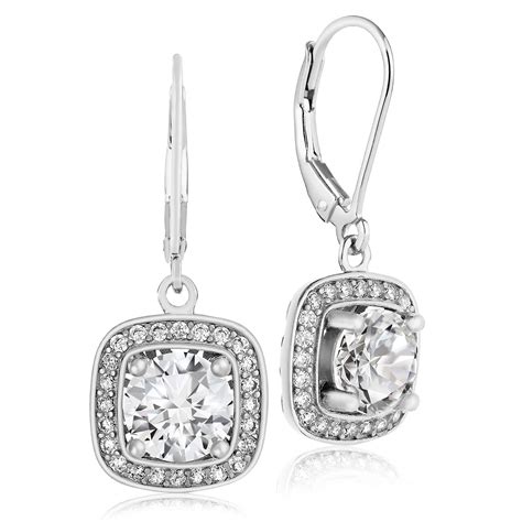 Stunning 925 Sterling Silver Square Halo Dangle Earrings