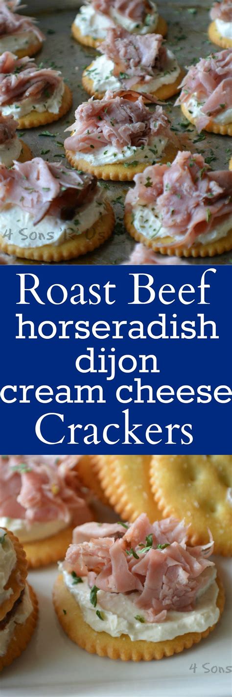 several different types of appetizers with text overlay that reads roast beef horseradish dijond ...