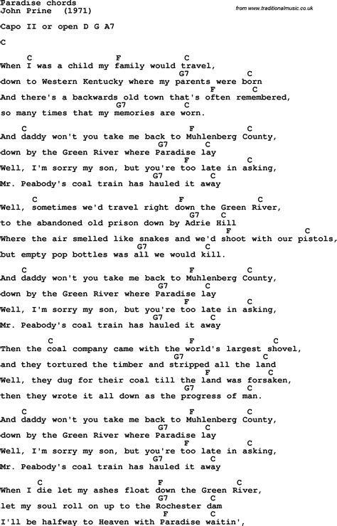 Song lyrics with guitar chords for Paradise - John Prine