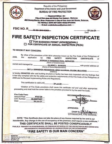 Jet Pools – 2021 Fire Safety Inspection Certificate | Jetpool ...