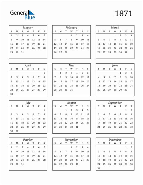 1871 Calendar (PDF, Word, Excel)