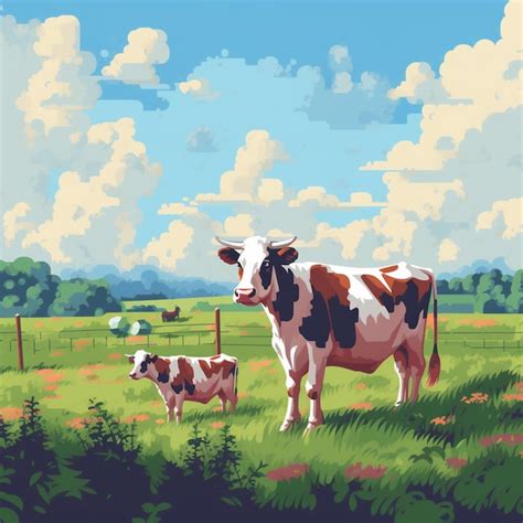 Premium AI Image | A painting of a cow and her calf in a field.