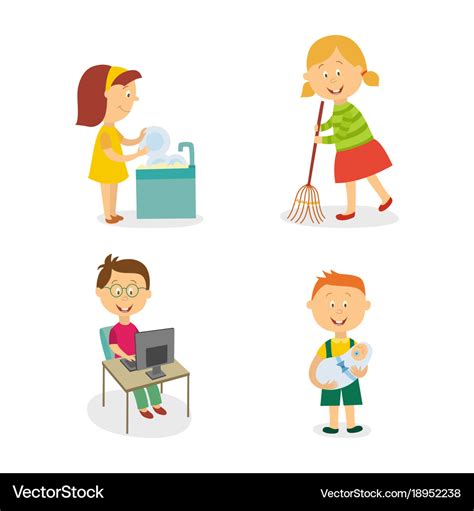 Flat kids doing household chores set Royalty Free Vector