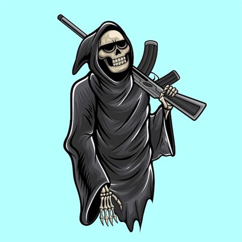 Premium Vector | Vector illustration of grim reaper holding a gun with vintage style drawing