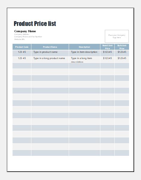 MS Excel Product Price List Templates | Microsoft Excel Templates