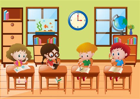 Four students learning at school 414067 Vector Art at Vecteezy
