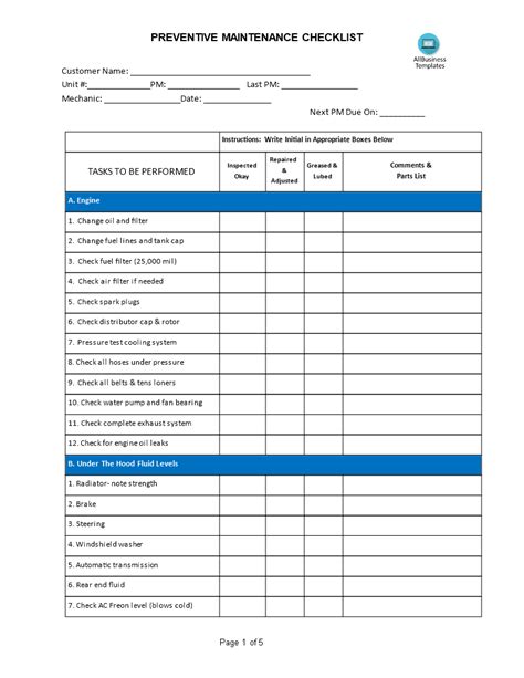 Equipment Pm Checklist Template