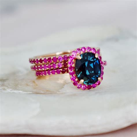 Cushion Cut Ruby Engagement Ring. Unique Blue Sapphire and Ruby Ring. Alternative Bridal Set by ...