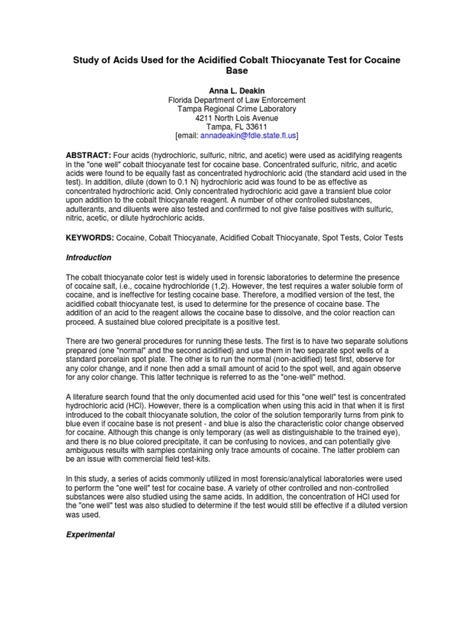 Study of Acids Used For The Acidified Cobalt Thiocyanate Test For Cocaine Base | Download Free ...