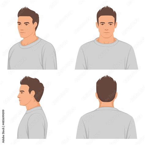 man, male face portrait, Front, profile, side view and back, vector ...