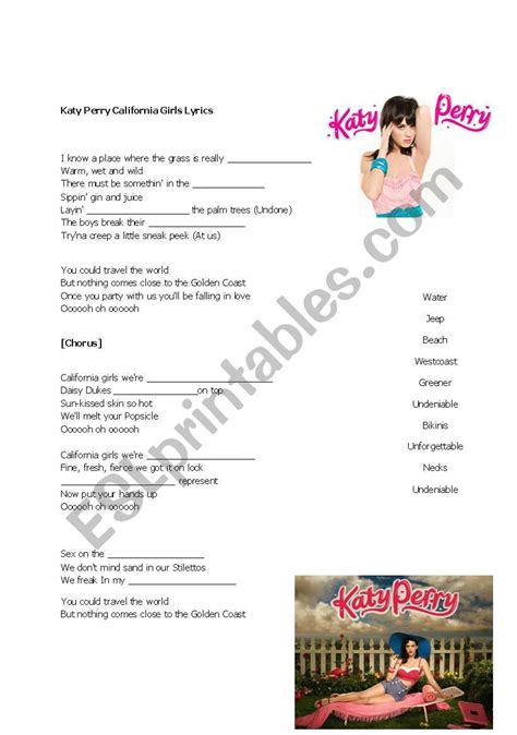 Katy Perry California Girls Lyrics - ESL worksheet by jonnyc81