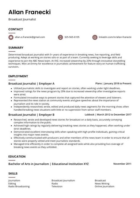 Broadcast Journalist Resume (CV) Example and Writing Guide